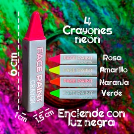 4 Crayones Neón Fluorescentes Maquillaje Glow Luz Negra Uv Pintura Facil Pintacarita Makeup Brillante Grupo Carnavallia