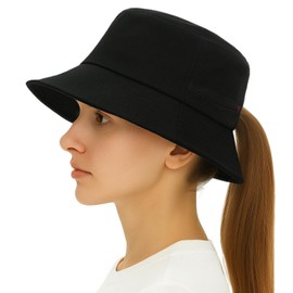 TOP-EX Golf Bucket Hats for Women Ponytail UPF50+ Sun UV Protection Summer Beach Hiking Fishing Packable Ladies Cotton Medium Large M L Black