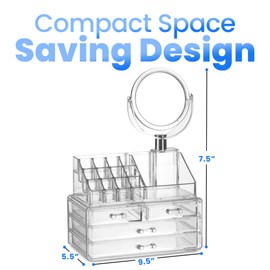 Masirs Clear Makeup Organizer with Mirror – 16-Compartment Cosmetic and Jewelry Holder, 4-Drawer Vanity Storage, Elegant Clear Design for Makeup and Accessories