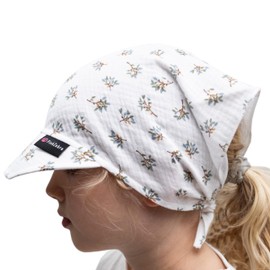 PinkZebra Muslin Headscarf with Visor for Baby, Children Girls & Boys, 0 Months to 7 Years, Summer Peaked Cap Lightweight and Breathable, Headscarf for Tying, Leaves, 0-12 months