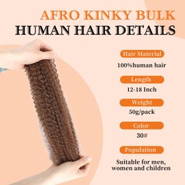 Yacurcur Afro Kinkys Bulk Human Hair 50g/Pack for Dreadlocks Extensions,Loc Repair/Twists/Repair/Braids No Short Hair 4C Afro Kinky 30# (14 Inch)