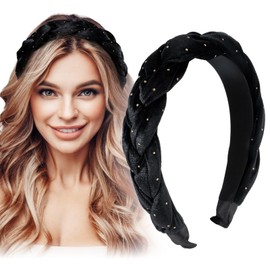 BETESSIN Velvet Headband Braided Headband Wide Hair Band Polka Dot Vintage Padded Headband Rockabilly Fashion Hair Accessories Headband for Women and Girls Black