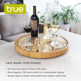True Wine Cork Collector Lazy Susan Turntable, Wooden and Glass Storage for 130 Corks, Tabletop or Countertop Organization, Set of 1