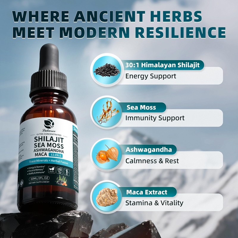 Shilajit Liquid Drops, 12-in-1 Complex - Sea Moss, Ashwagandha, Maca,