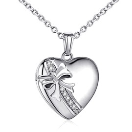 YOUFENG Jewellery Sterling Silver Love Heart Locket Necklace That Holds Pictures Engraved I Love You to The Moon and Back Photo Lockets Bowknot