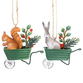 Gisela Graham Resin Resin Hare and Squirrell Decorations on Tin Wheel Barrow Set of 2 Assorted