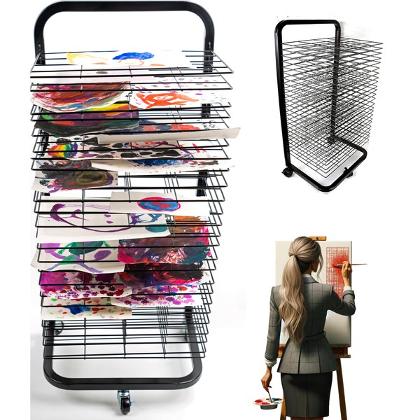 Joymaney New Art Drying Rack for Classrooms, No Shelves Fall Out, 25 Removable Shelves, Mobile, Sturdy Metal, Ideal for Schools,Art, Preschool; Height 39", Shelves 12" x 17"