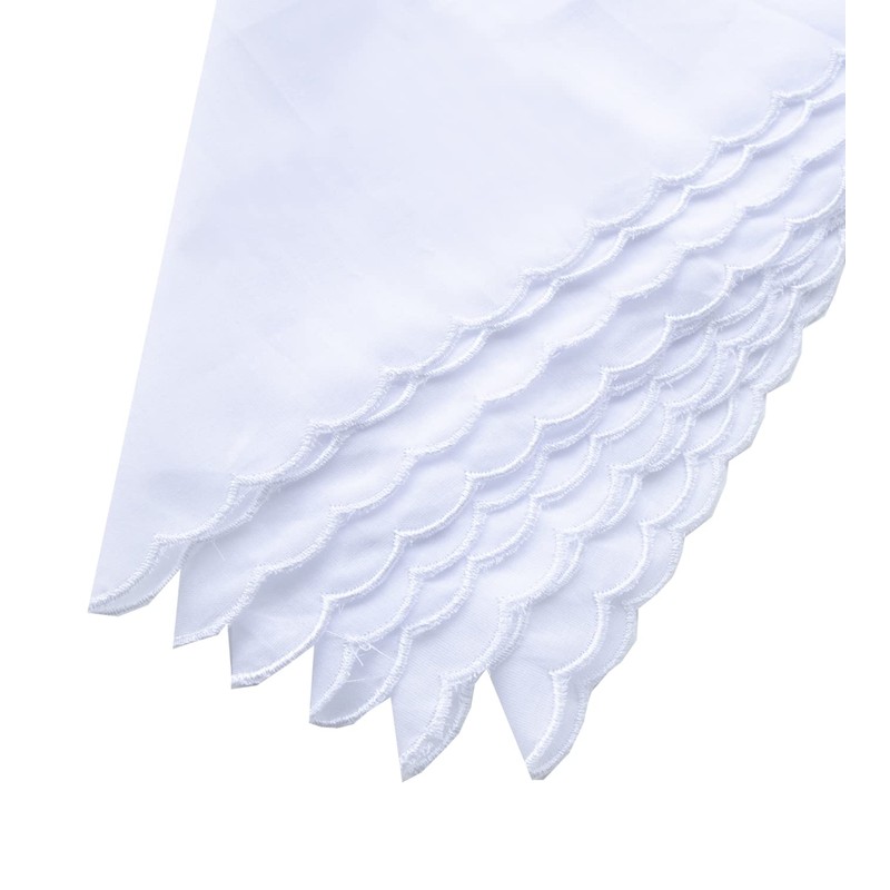 MZLIU Women Handkerchiefs Pure White Cotton Hankies with Scalloped Edge