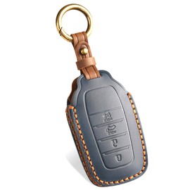 QBUC Genuine Leather Key Fob Cover for Toyota Tundra Venza Sequoia Sienna Grand Highlander RAV4 Prime Camry XSE C-HR Prius Avalon Corolla Crown Tacoma Land Cruiser 4 Button Key Holder Protector(Blue)