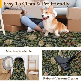 PureCozy Floral 4x6 Area Rug Black Machine Washable Small Rug Non-Slip Stain Resistant Low Pile Boho Accent Indoor Throw Carpet for Office Bedroom Dining Living Room