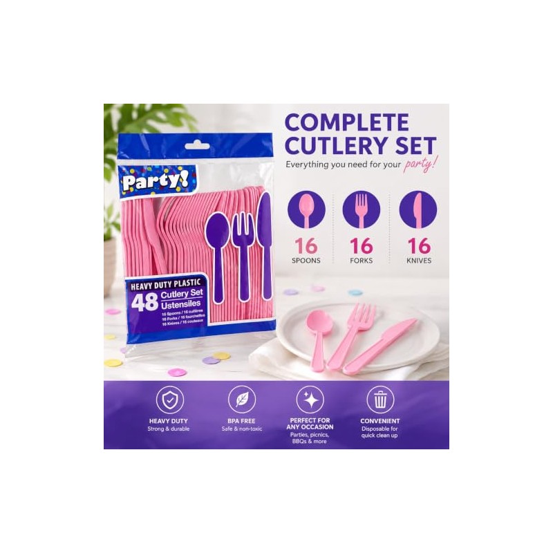 Heavy Duty Plastic Cutlery 48-Piece Set (Spoons, Forks, Knives)