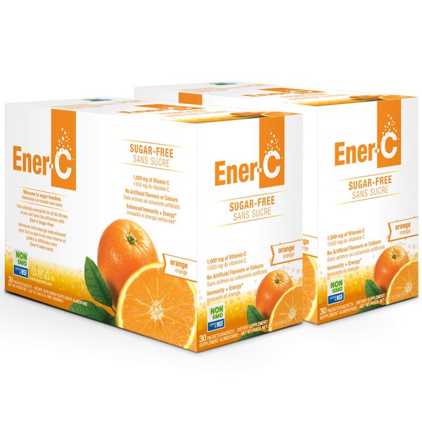 Ener-C Sugar Free Orange Multivitamin Drink Mix, 1000mg Vitamin C, Non-GMO, Vegan, Real Fruit Juice Powders, Natural Immunity Support, Electrolytes, Gluten Free, 30 Count (Pack of 2)