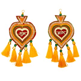 Subh Labh Cloth Hanging Indian Traditional Home Office Temple Festival Décor Decoration & Gifting Size- 8 inches (Red Leaf Shape)
