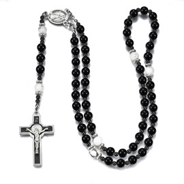Catholic 8mm Black Onyx Beads Rosary for Men, Wearable Large Black Rosary Necklace with Miraculous Medal Rosaries Catholic Gifts
