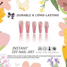 Valentine Press on Nails Long Coffin French Tip Fake Nails Pink Glitter Full Cover Heart False Nails with Designs Rhinestones Glossy Glue on Nails Acrylic Manicure Artificial Nails for Women Girls