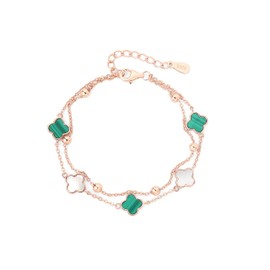 KFG s925 Sterling Silver Rose Gold Plated Mother of Pearl & Malachite Clover Bracelet for Women