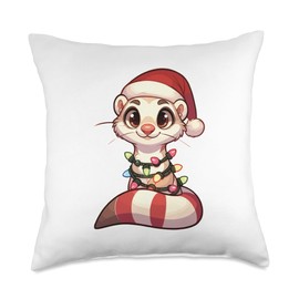 Festive Favourite Animals In A Christmas Look Santa Hat Christmas Fairy Lights Ferret Throw Pillow, 18x18, Multicolor