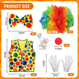 XLZJYIJ Pack of 5 Clown Costume Accessories, Clown Costume Set, Clown Clothing + Clown Curl Wig + Clown Nose + Colourful Tie + Gloves, Clown Costume Adult Set for Carnival Circus Props