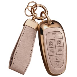 WiiLemz Key Fob Cover for Hyundai with Key Chain, Upper Leather + Soft TPU Car Key Case Shell for 2024 2023 2022 Hyundai Sonata Santa Fe Nexo Tucson (7 Buttons, Pink)