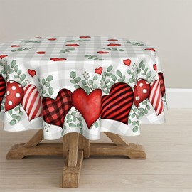Horaldaily Valentine's Day Tablecloth 70×70 Inch Round, Buffalo Plaid Red Love Hearts Washable Table Cover for Party Picnic Dinner Decor