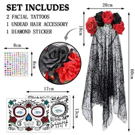 Carnival Headband and Veil Face Tattoo, Dia de los Muertos Mexican Headband Black Red Flowers Crowns, Day of the Dead Hair Accessories, Carnival Women's Costume Make-Up Accessories