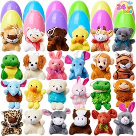 JOYIN Paquete de 24 huevos de Pascua prellenados de mini animales de peluche, juguetes de peluche para niños, relleno de caza de huevos