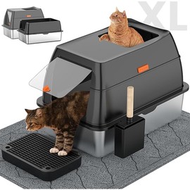 Stainless Steel Cat Litter Box With Lid - Front Entry Top Exit, Extra Large Enclosed Metal Box With Scoop & Mat - Black