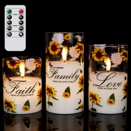 Wondise Flameless Glass Pillar Candles with Remote & Timer, Battery Operated LED Flickering Sunflower for Home Decoration, Set of 3