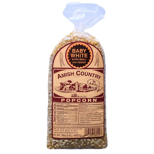 Amish Country Popcorn | 1 lb Bag | Baby White Popcorn Kernels | Old Fashioned with Recipe Guide (Baby White - 1 lb Bag)