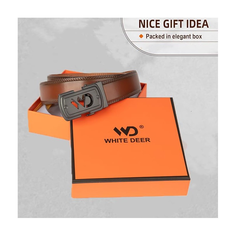 white deer Men's Ratchet Leather Belt Without Holes Automatic Closure