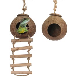 Yoicn Lth Natural Coconut Shell Gecko Nest House Reptile Hideouts Bed Cage Toy with Ladder Hanging Loop for Lizards Chameleon Gecko Snakes Small Animal 2 PCS