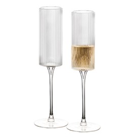 Ribbed Champagne Glasses | Unique Fluted Design | Tall Champagne Glasses with Long Stem | Fancy and Modern Trend Design | Large and Tall Vintage Champagne Glasses - Set of 2