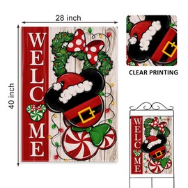 Covido Welcome Christmas Santa Decorative Garden Flag, Xmas Peppermint Candy Wreath Ornament Yard Outside Decorations, Winter Holiday Farmhouse Outdoor Small Home Decor Double Sided 12 x 18