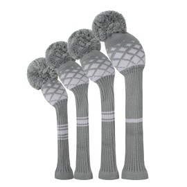 Golf Headcover Knit Set 4-piece Set, Golf Club Driver Wood (460 cc) *1 Fairway Wood *2 and Hybrid Fairway *1 (Grey Reticulate)