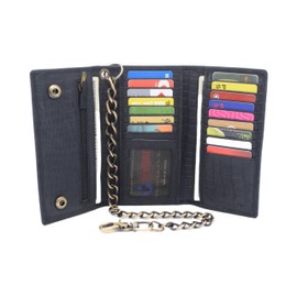 CAZORO USA Motorcycle Chain Wallet for Men – 100% Natural Genuine Leather, Long Trifold RFID Blocking, Credit Card Money Organizer - Men’s Trucker Biker Metal Chain Wallets (Croco Black)