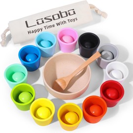 Lasoba Rainbow Balls in Cups Toddler Montessori Toys - Color Sorting Toys for Toddlers for 3 Year Old Up, Learning Color Sorting and Counting, Kids Preschool Wooden Matching Games (12 Balls, 1.4 in)