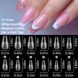 LoveOurHome 600pc Soft Gel Medium Coffin Fake Nail Tips Full Cover Gel X Nail Tips Coffin Clear False Nails for Acrylic Nails Extension Press on Nails