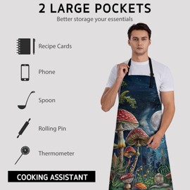 Kibue Mushroom Forest Apron, Kitchen Cooking Baking Adjustable Polyester Charming Moonlit Aprons for Women Men, with 2 Pockets, 28×33in, Ideal Gifts for Wife, for Chef Gardening Grilling Cleaning