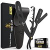 The Cut Factory Men's Straight Razor Professional Barbershop Edge A comfortable, smooth shave.Gift Box Leather Pouch 20 Single Blades.Our blades never fall, black. / The Cut Factory 남성용 스트레이트 면도기 전문 이발소 엣지 편안하고 매끄러운 면도. 선물 상자 가죽 파우치 20개의 싱글 블레이드. 저희 블레이드는 절대 떨어지지, 블랙.