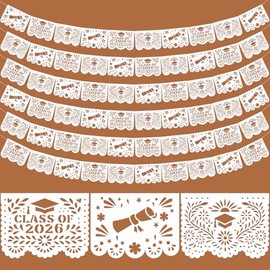 Hahafelt 6 Pack Plastic Mexican Graduation Banner 2026 Grad Papel Picado Party Decoration 118 Feet Black White Grad Cap Congrats Decoration Banner for Middle High Senior Party Supplies