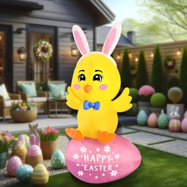 FARONZE Easter Inflatable Chick on Egg Blow-up Lighted Indoor & Outdoor Easter Yard Lawn Decoration with Built-in Fan and Anchor Ropes (5Ft Chick Sits on Egg)