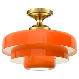 Qepeety Mid Century Ceiling Light Fixtures Orange Chandelier 3-Layer Gold Dome Ceiling Lamps, Metal Orange Finish, Gold Semi Flush Mount Light Fixtures for Dining Room, Hallway