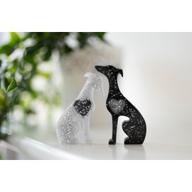 Handmade Mini Resin Whippet/Greyhound Figurines - Set of 2, Decorative Dog Statues 7cm high (Black and white sparkle hearts)