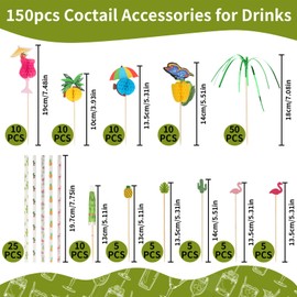 150PCS Cocktail Accessories for Drinks, Cocktail Party Decorations, Cocktail Umbrellas, Reuseable Cocktail Straws, Sparkler Sticks, for Summer Beach, Cocktail Decorations Party, Food Drink Decoration