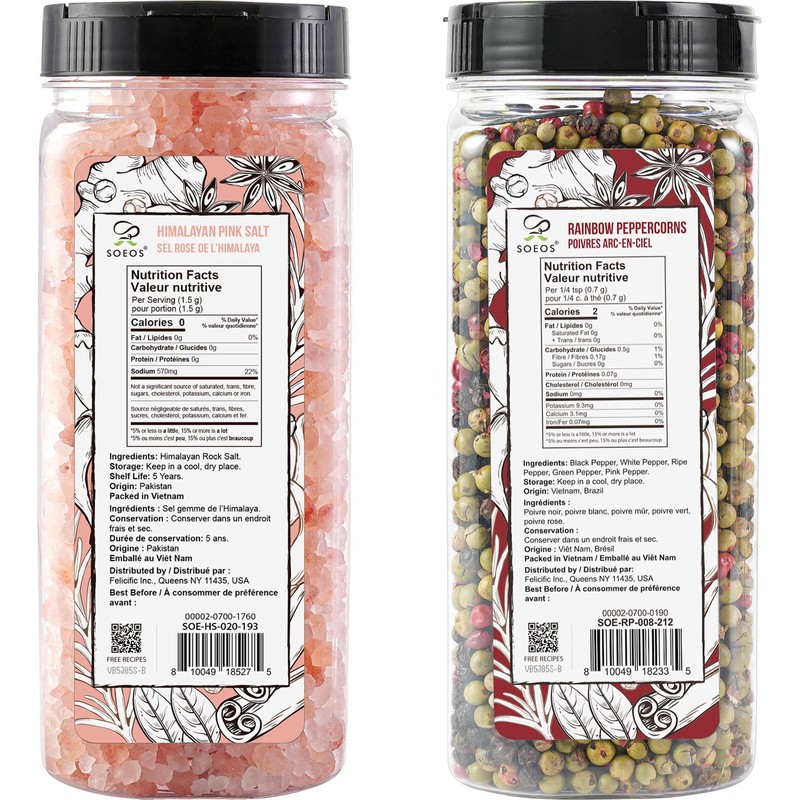 Soeos Himalayan Pink Salt 20oz + Rainbow Peppercorns 8oz, Salt