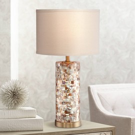 Margaret Coastal Accent Table Lamp 23" High Mother of Pearl Tile Cylinder Glass Cream Linen Fabric Drum Shade for Living Room Bedroom Beach House Bedside Nightstand Home Office - 360 Lighting