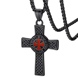 FaithHeart Black Cross Pendant Mens Necklace Retro Style Seals of Knights Templar Protective Jewelry Stainless Steel Medieval Charm for Luck
