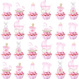 48 Pcs Pink Floral Baby Girl Party Cupcake Toppers for Girl Gender Reveal Birthday Baby Shower Party Decorations