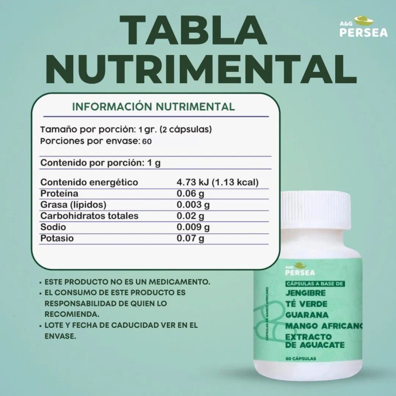 A&G PERSEA - Capsulas DETOX con 60 Caps. Te verde