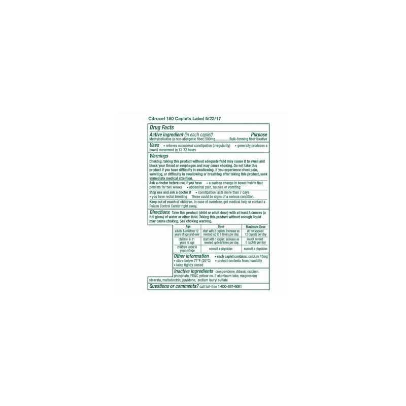 Citrucel Methylcellulose Fiber Therapy for Regularity, Fiber Caplets, 180-Count Bottle